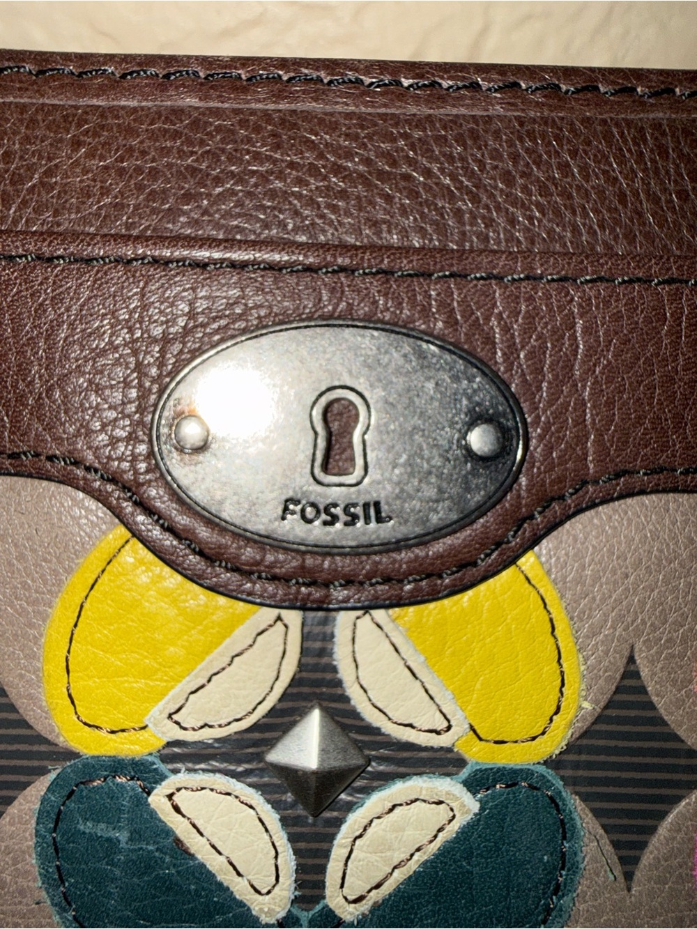 Fossil Brown Leather Zip Card Holder with Multicolor Floral Accents - Picture 4 of 7
